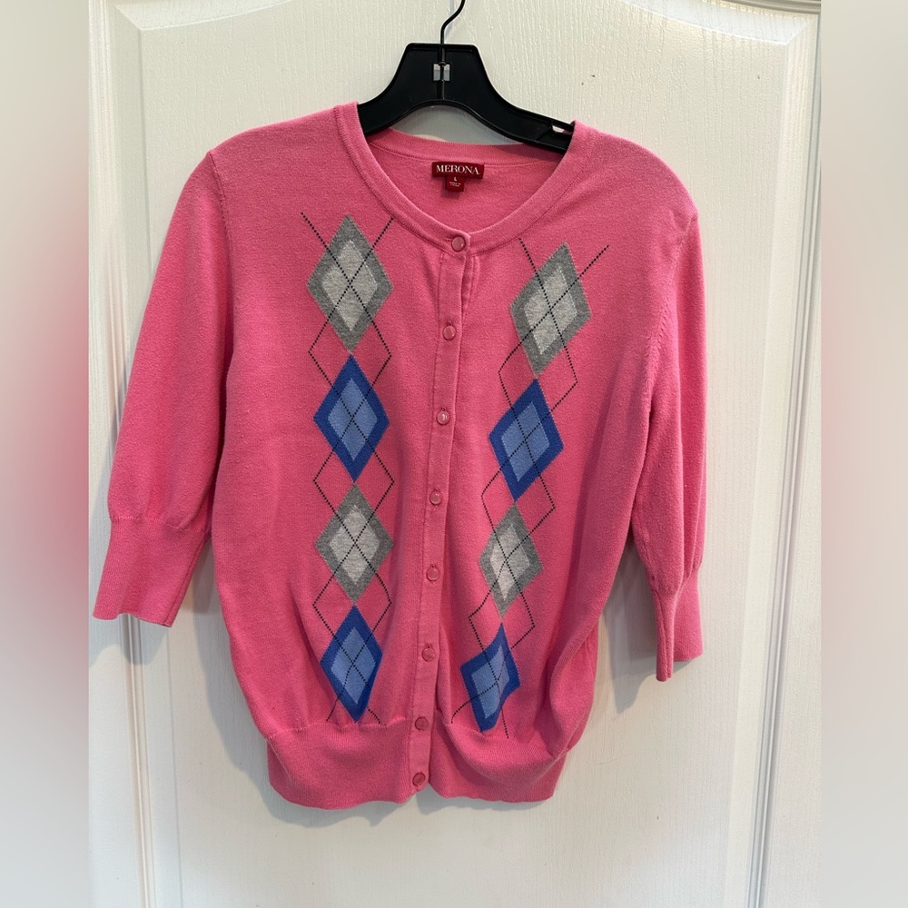 Merona women’s pink vintage y2k Argyle print Cardigan size large